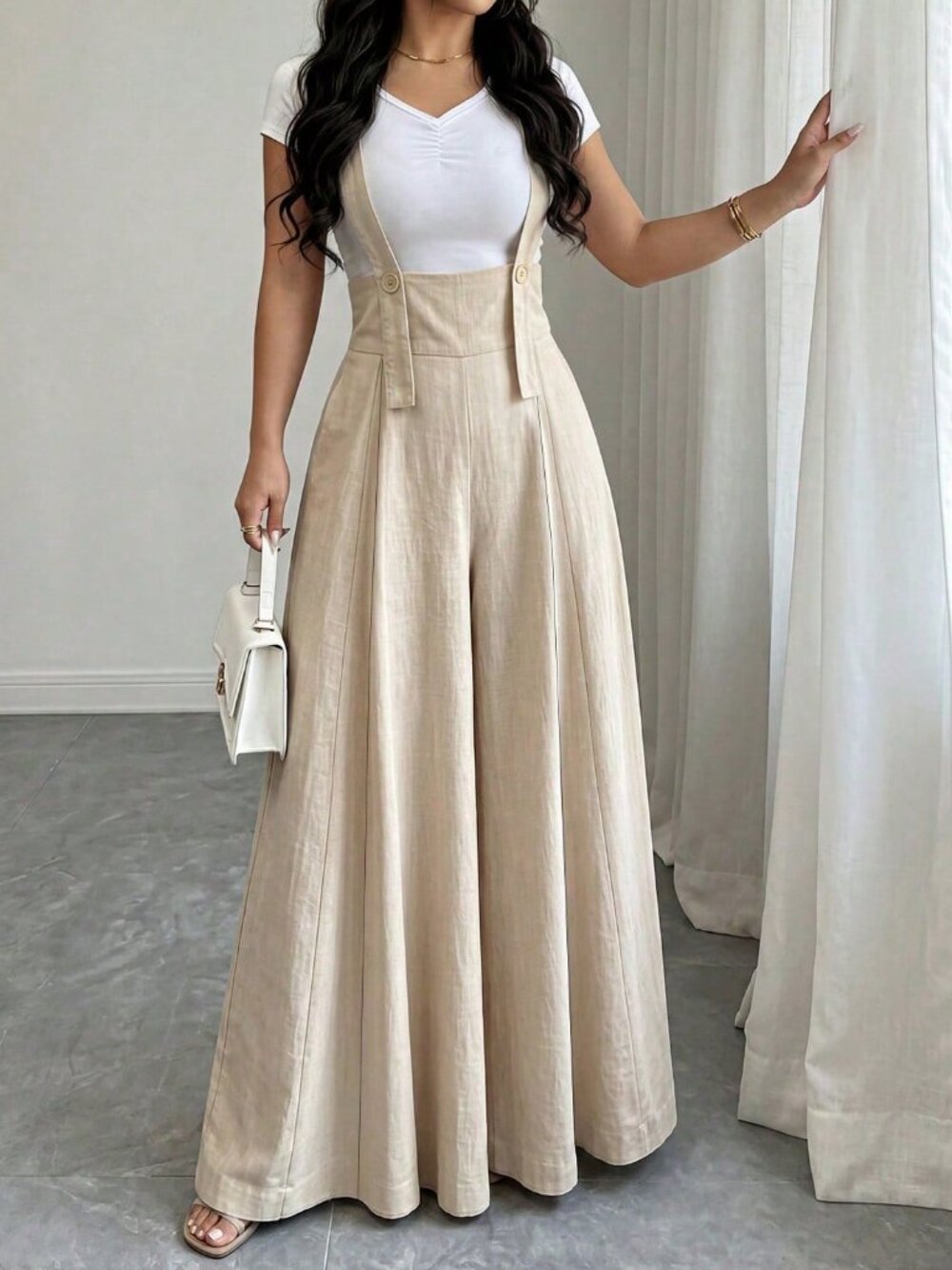 Apricot Casual Women's Button Pocket Zipper Loose Long Overall